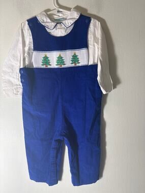 Boys Vintage Velani Classic Blue Corduroy Smocked Tree Longall with shirt Sz 2